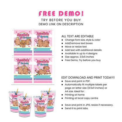 Capybara Juice Pouch Label - Personalized Drink Stickers