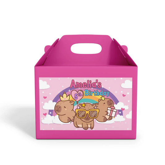 Capybara treat box label featuring a personalized name on a brown animal themed gable box sticker mockup