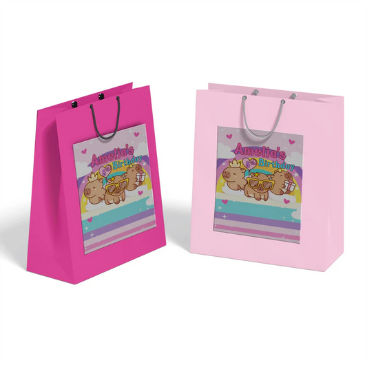 Capybara goodie bag label with custom text and vibrant animal graphics on a white favor bag sticker