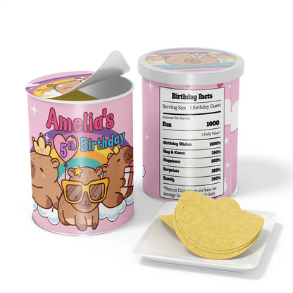 Capybara small pringles label featuring a personalized snack can wrap with brown animal patterns and name