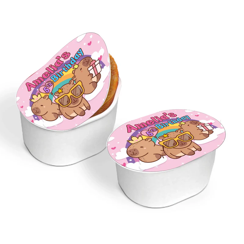 Capybara mini pringles label with custom name and themed graphics for small snack containers on white