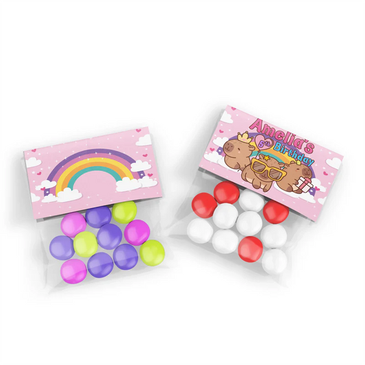 Capybara treat bag topper label showing a folded personalized paper header with cute animal illustrations
