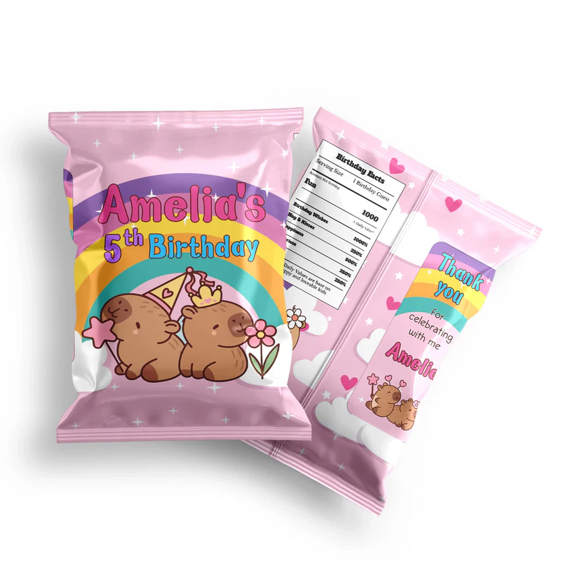 Capybara chips bag label with personalized name and vibrant animal theme for custom party snack packaging