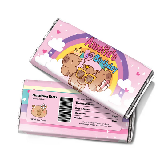 Capybara chocolate label featuring a personalized candy bar wrapper with brown animal graphics and custom text