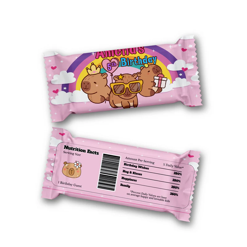 Capybara rice krispies and candy bar label with custom name and themed patterns for sweet treat wraps