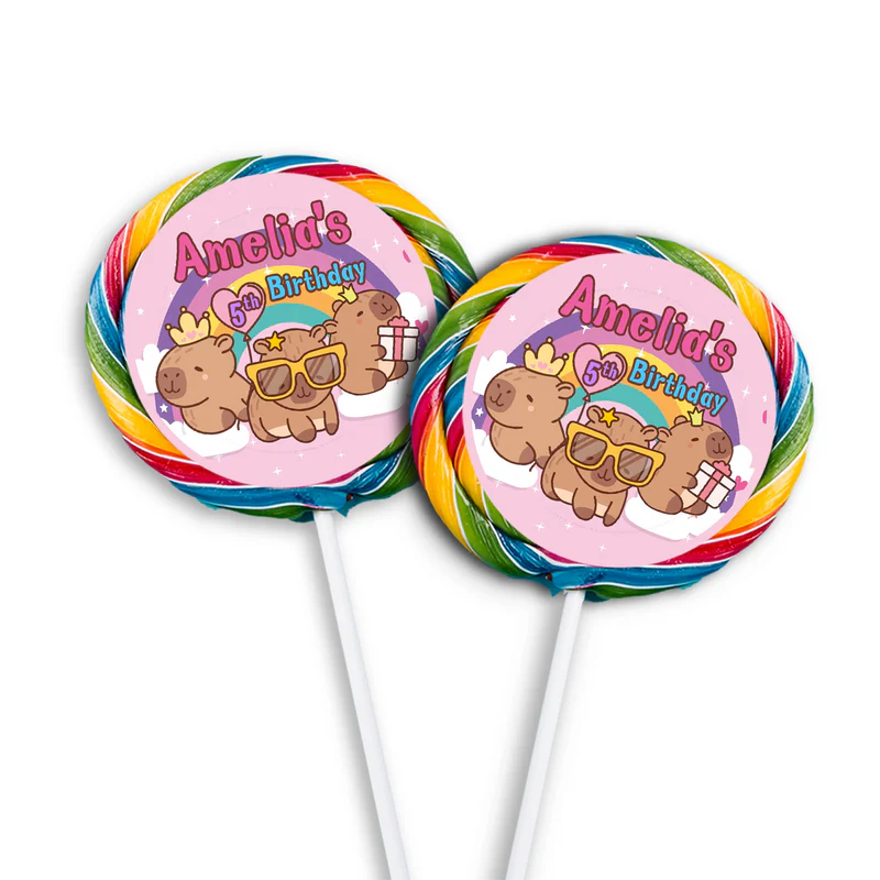 Capybara lollipop label showing a round personalized sticker with cute animal portraits for candy favors