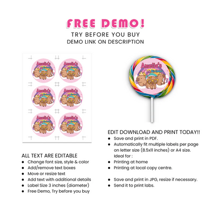 Capybara Lollipop Label - Personalized Round Candy Stickers
