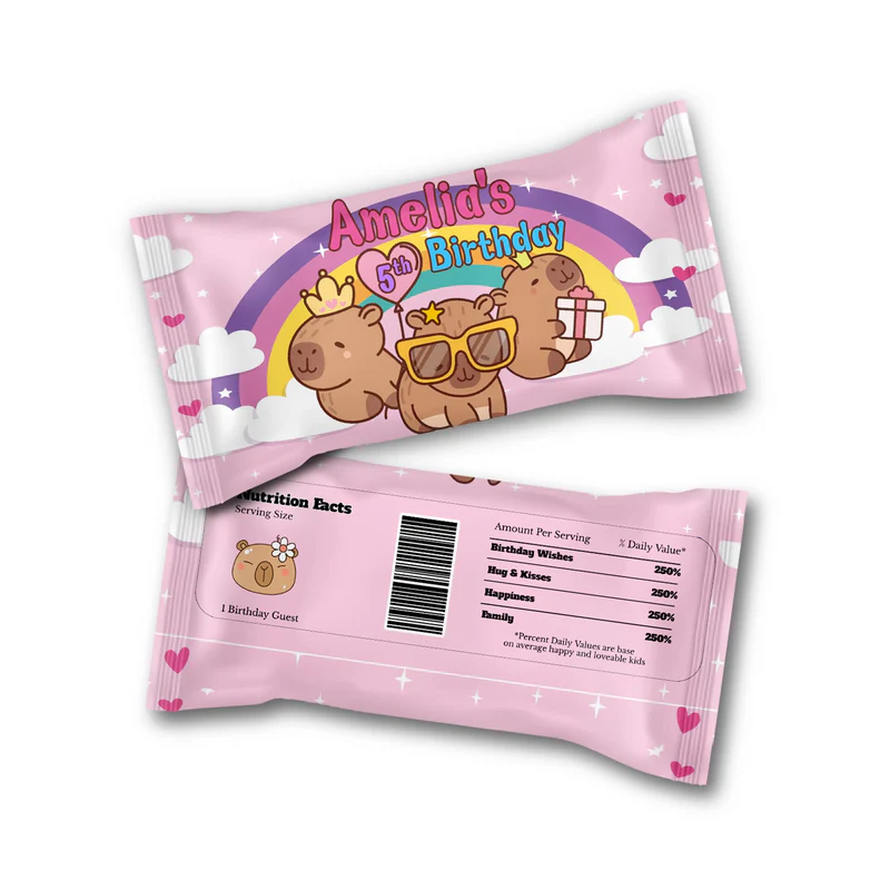 Capybara skittles label with personalized name and vibrant animal graphics for custom candy bag stickers