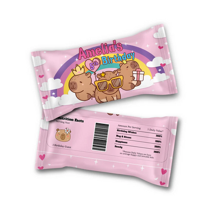Capybara skittles label with personalized name and vibrant animal graphics for custom candy bag stickers