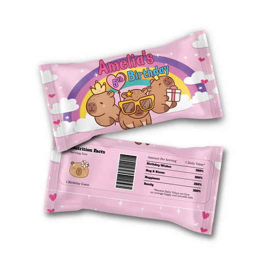 Capybara skittles label with personalized name and vibrant animal graphics for custom candy bag stickers