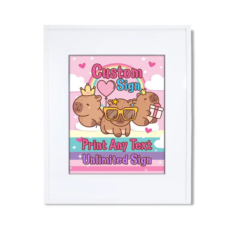 Capybara custom sign featuring a personalized message and large animal illustration for party wall decor