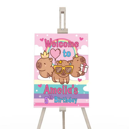 Capybara welcome sign with custom name and festive animal theme on a large vertical party poster mockup