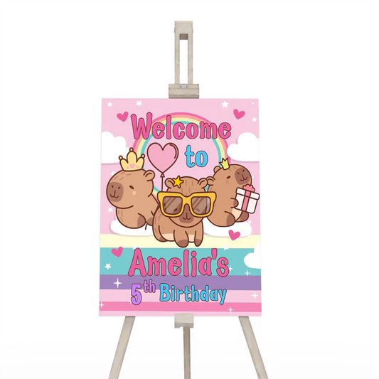 Capybara welcome sign with custom name and festive animal theme on a large vertical party poster mockup