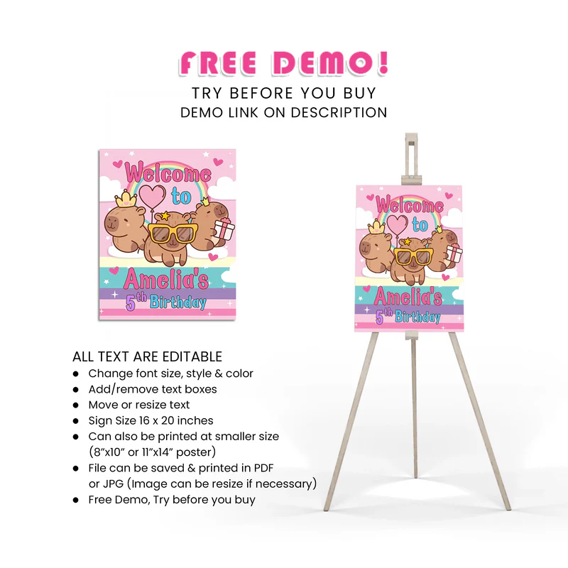 Capybara Welcome Sign - Personalized Birthday Party Poster