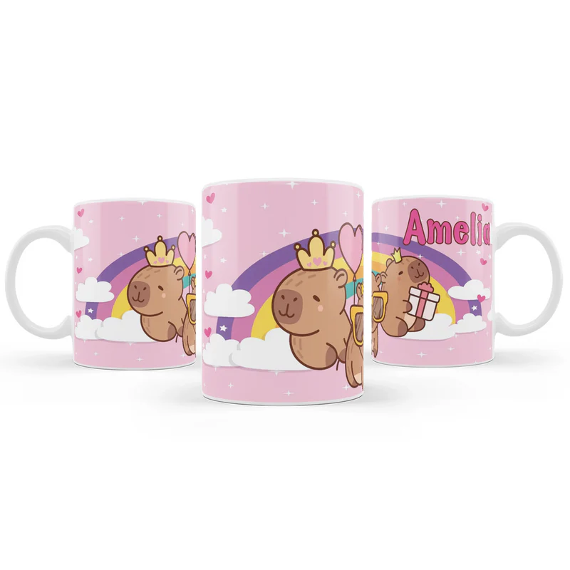 Capybara sublimation mug featuring a personalized name and vibrant animal print on a white ceramic cup