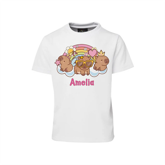 Capybara sublimation t-shirt featuring a personalized animal portrait on a white cotton graphic tee mockup