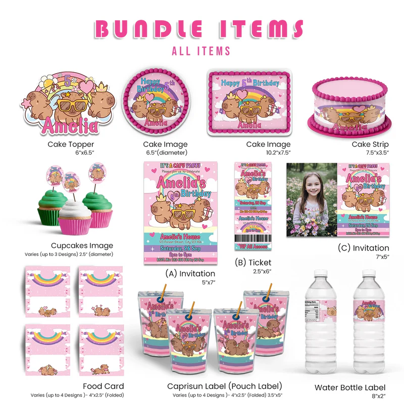 Capybara personalized digital template party pack bundle with cute animal graphics on white background flat lay