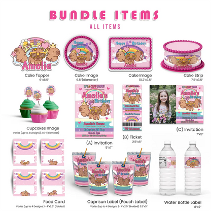 Capybara personalized digital template party pack bundle with cute animal graphics on white background flat lay