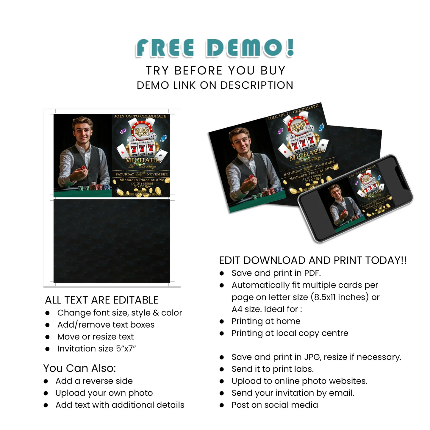 Casino Personalized Photo Card Invitations - Personalized Casino Themed Photo Card Invitations