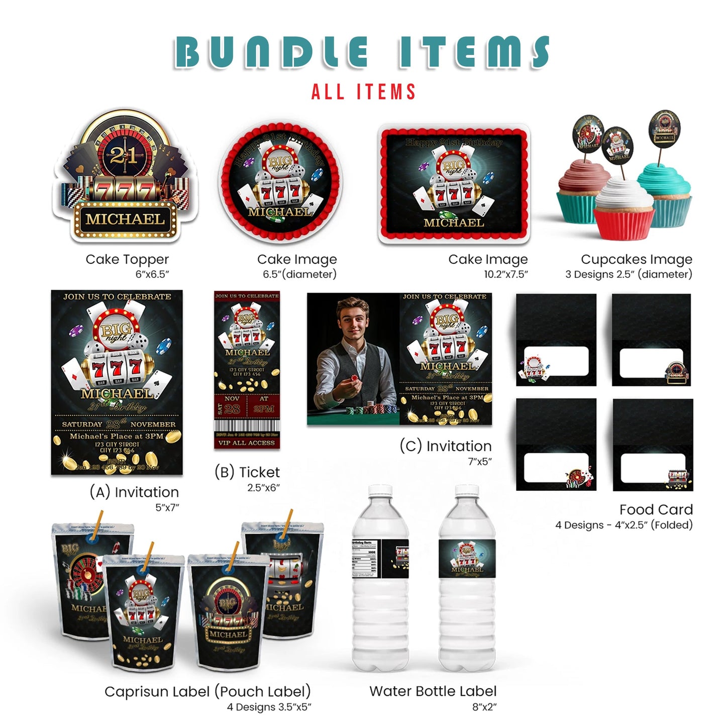 Casino personalized digital template party pack printable decorations