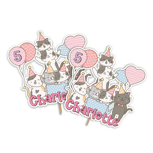 Cats & Kittens personalized cake toppers featuring adorable kitten graphics on a modern dessert table display