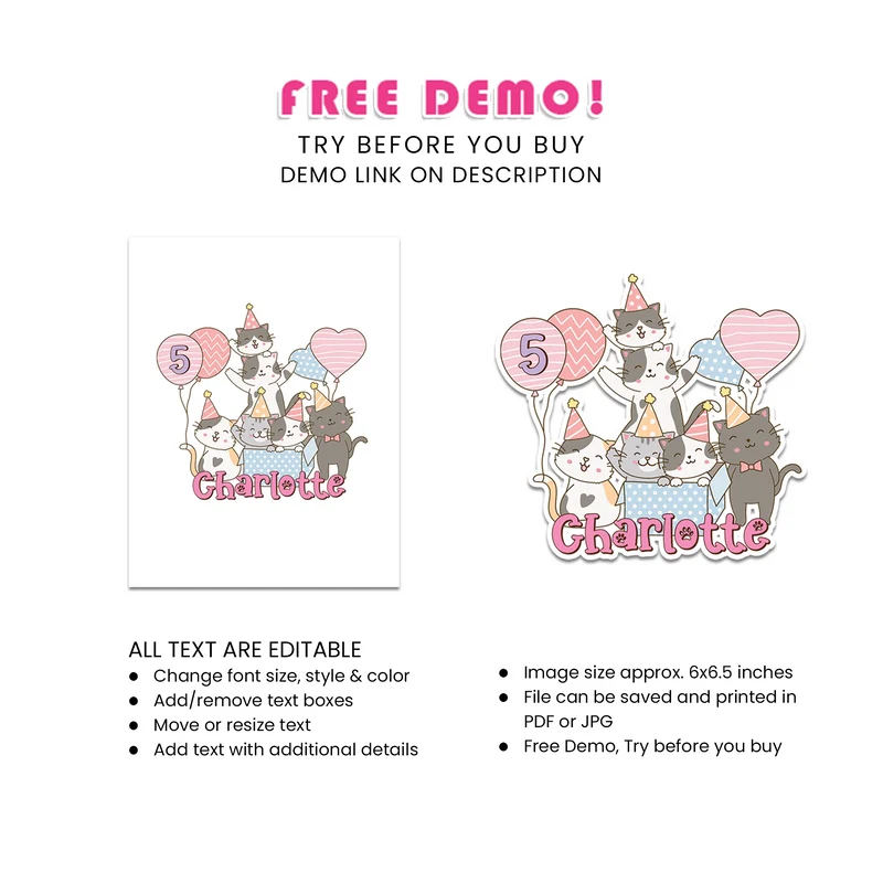 Cats & Kittens Personalized Cake Toppers Printable Digital Download