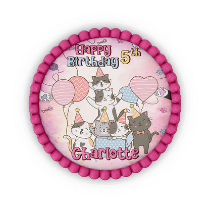 Cats & Kittens edible icing cake images with colorful kitten illustrations placed on a frosted round cake