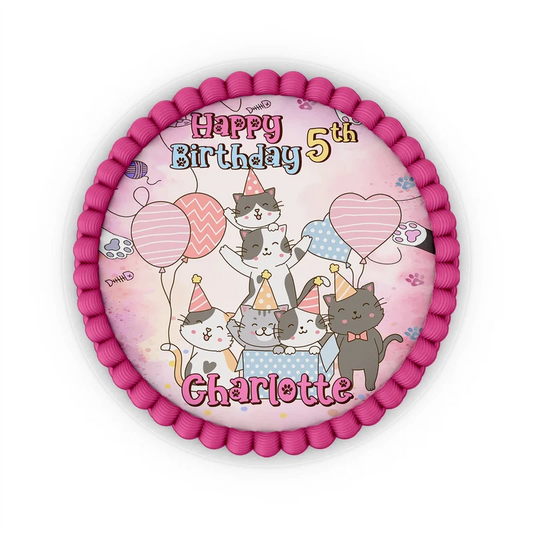 Cats & Kittens edible icing cake images with colorful kitten illustrations placed on a frosted round cake