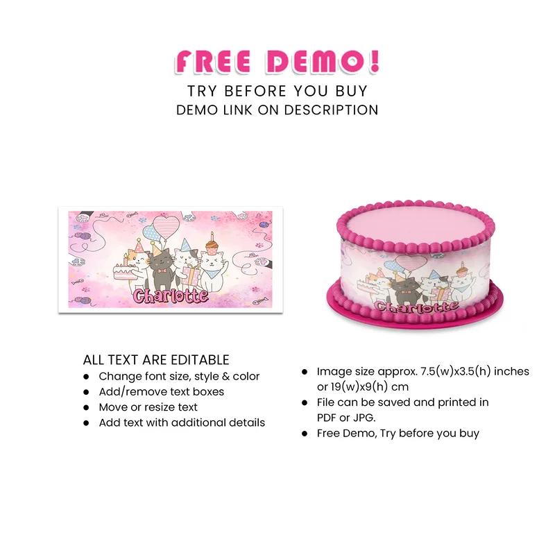 Cats & Kittens Personalized Cake Strips Image Printable Digital Download