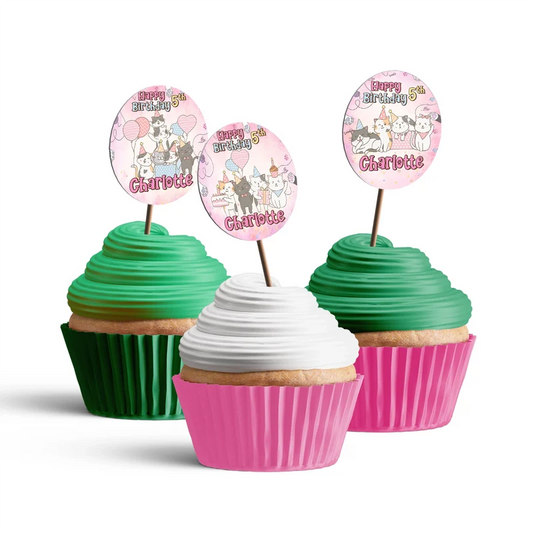 Cats & Kittens personalized cupcake toppers arranged neatly on frosted treats against a neutral backdrop