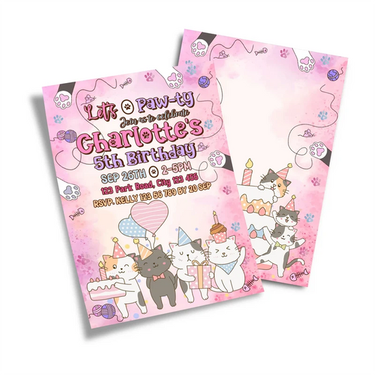 Cats & Kittens birthday card invitations displaying a bright cat template layout on a minimal background