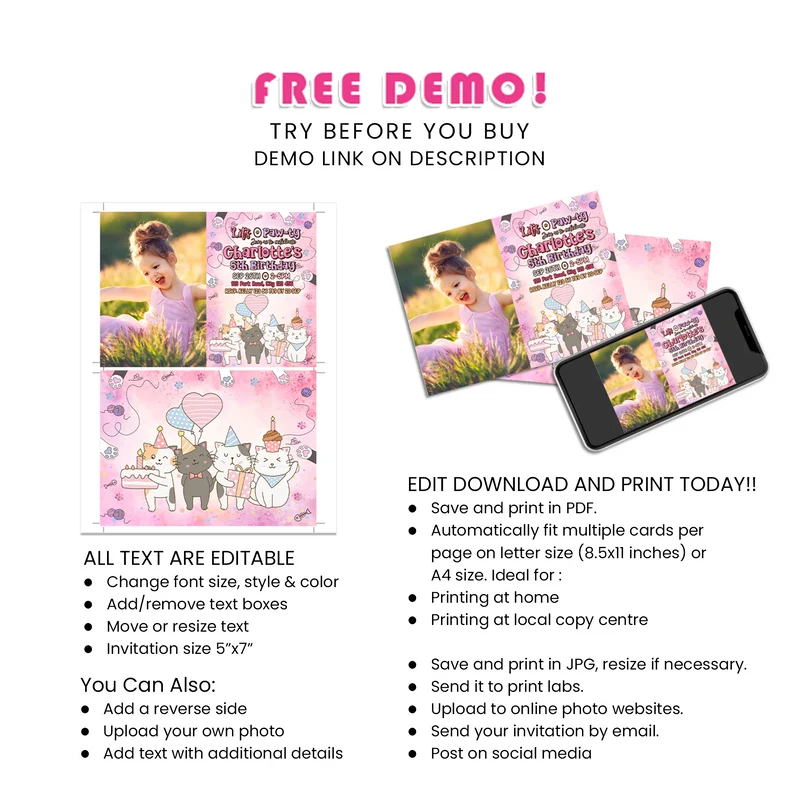 Cats & Kittens Personalized Photo Card Invitations Printable Digital Download