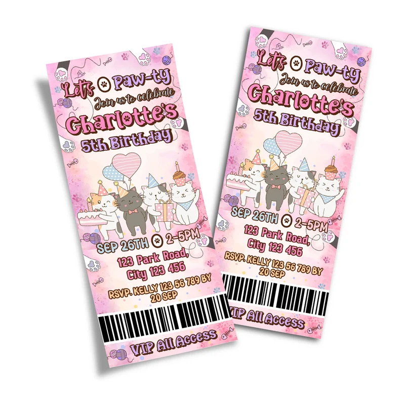 Cats & Kittens birthday ticket invitations showing a vibrant event pass style layout with bold typography