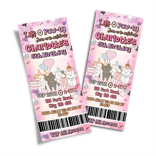 Cats & Kittens birthday ticket invitations showing a vibrant event pass style layout with bold typography