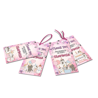 Cats & Kittens thank you tags with colorful text accents displayed on a neatly wrapped party favor box