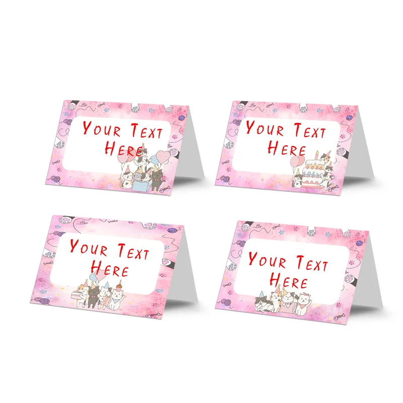 Cats & Kittens food cards showing a collection of vibrant buffet labels arranged on a decorated treat table