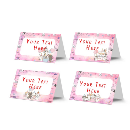 Cats & Kittens food cards showing a collection of vibrant buffet labels arranged on a decorated treat table