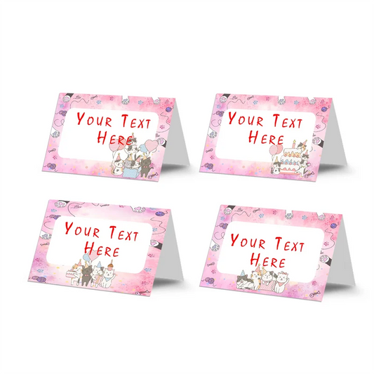 Cats & Kittens food cards showing a collection of vibrant buffet labels arranged on a decorated treat table