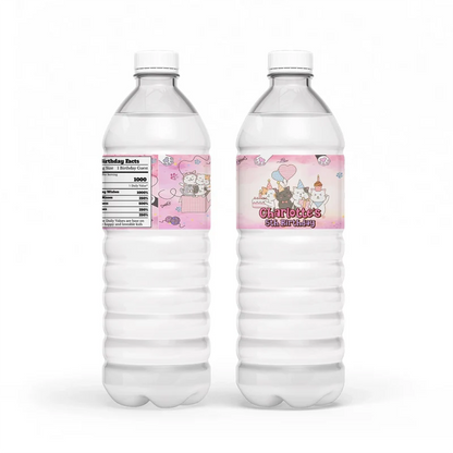 Cats & Kittens water bottle label wrap showing a colorful party theme layout on a clear plastic bottle