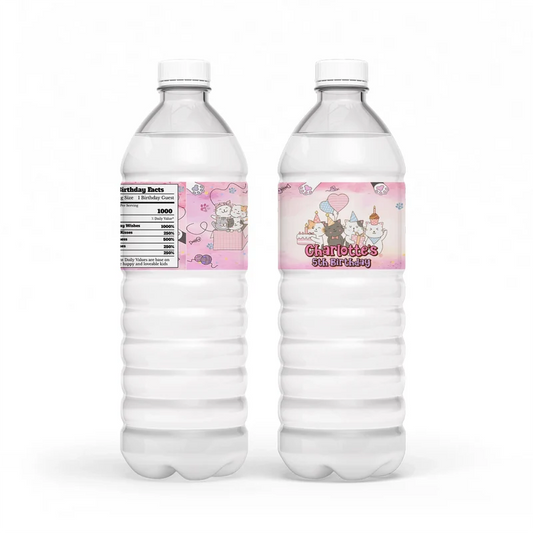 Cats & Kittens water bottle label wrap showing a colorful party theme layout on a clear plastic bottle