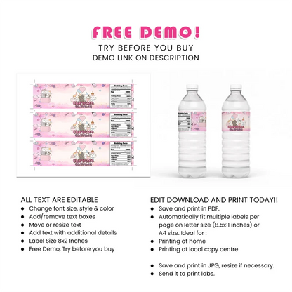 Cats & Kittens Water Bottle Label Printable Digital Download