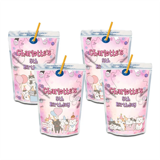 Cats & Kittens juice pouch label mockup featuring a vibrant birthday design attached to a silver pouch