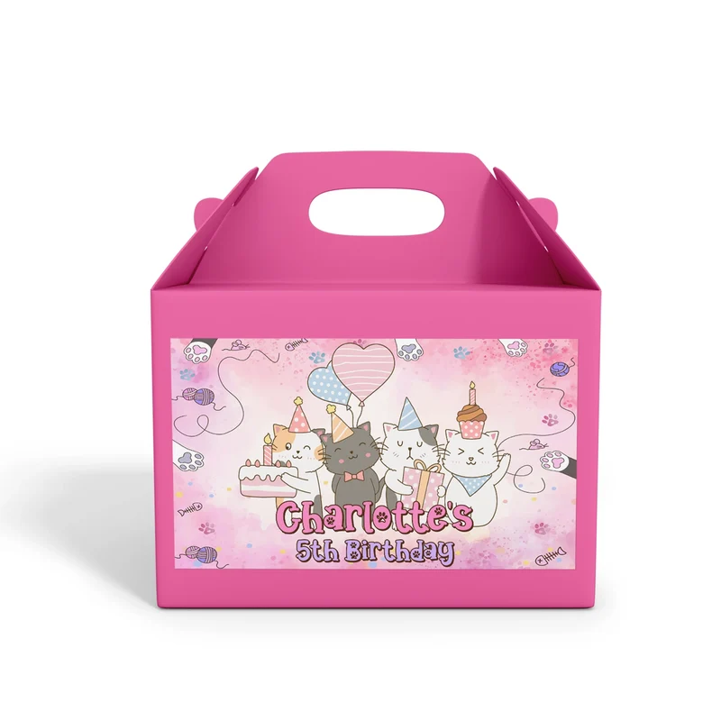 Cats & Kittens treat box label showing a colorful custom design layout on a mini favor box container