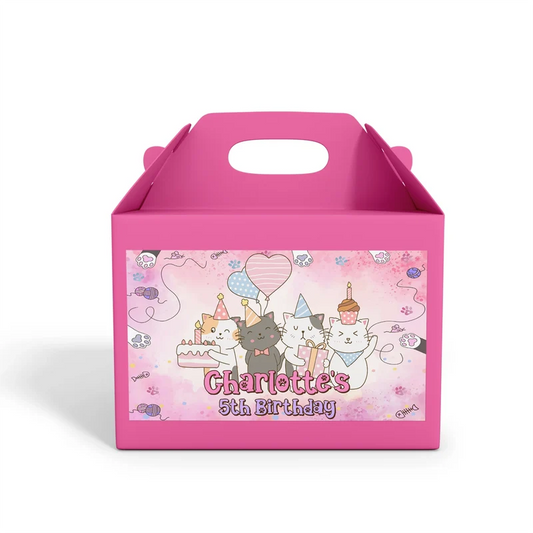 Cats & Kittens treat box label showing a colorful custom design layout on a mini favor box container