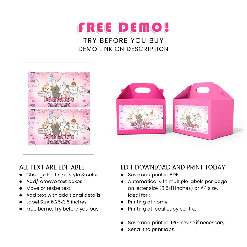 Cats & Kittens Treat Box Label Printable Digital Download
