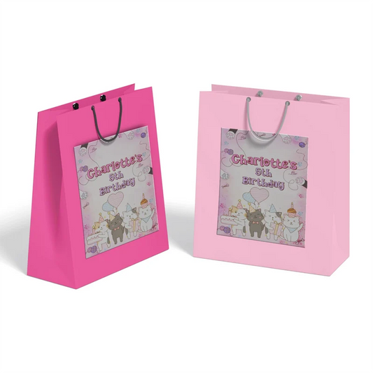 Cats & Kittens goodie bag label featuring a vibrant party theme design applied to a classic paper gift bag