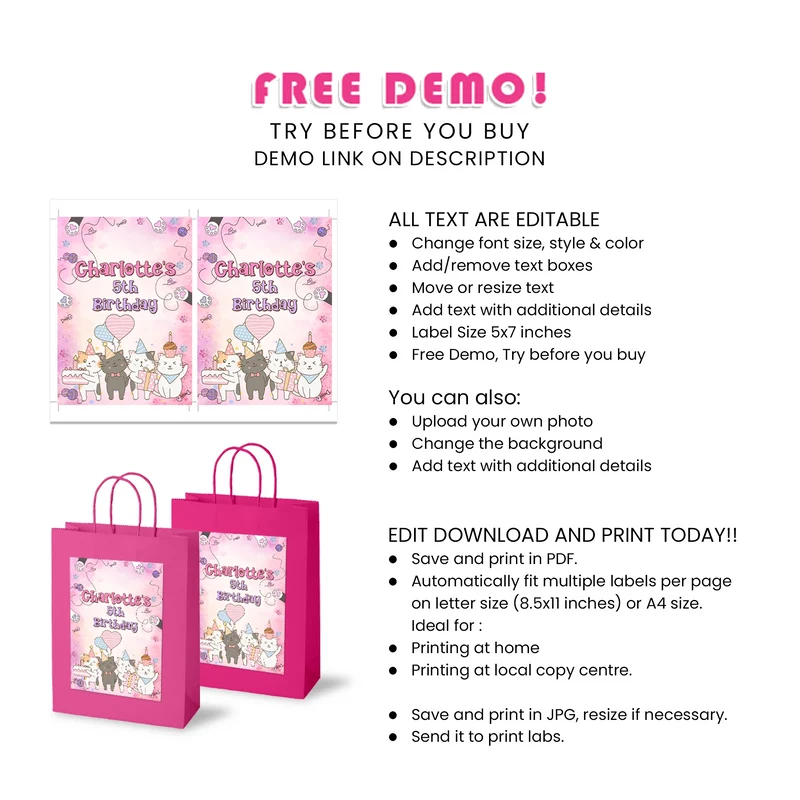 Cats & Kittens Goodie Bag Label Printable Digital Download