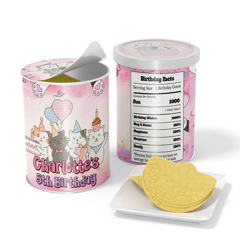 Cats & Kittens small Pringles label wrap with colorful character designs displayed on a miniature snack can