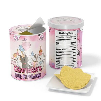 Cats & Kittens small Pringles label wrap with colorful character designs displayed on a miniature snack can
