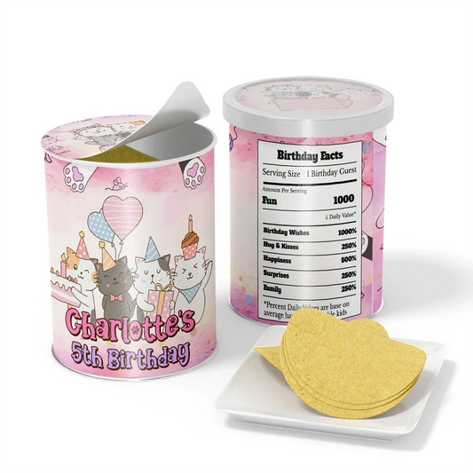 Cats & Kittens small Pringles label wrap with colorful character designs displayed on a miniature snack can